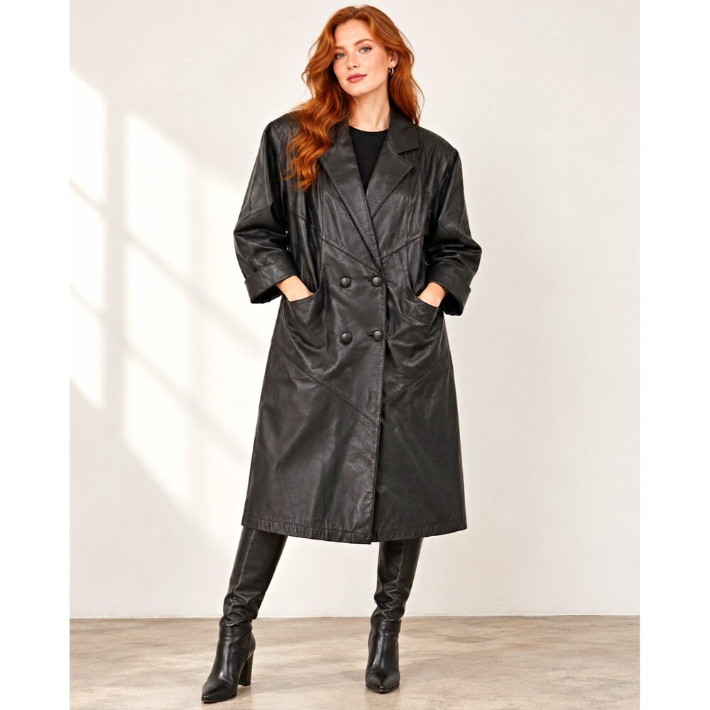 Vintage Diana Marco Black Leather Double Breasted Long Coat Size 16 1980s